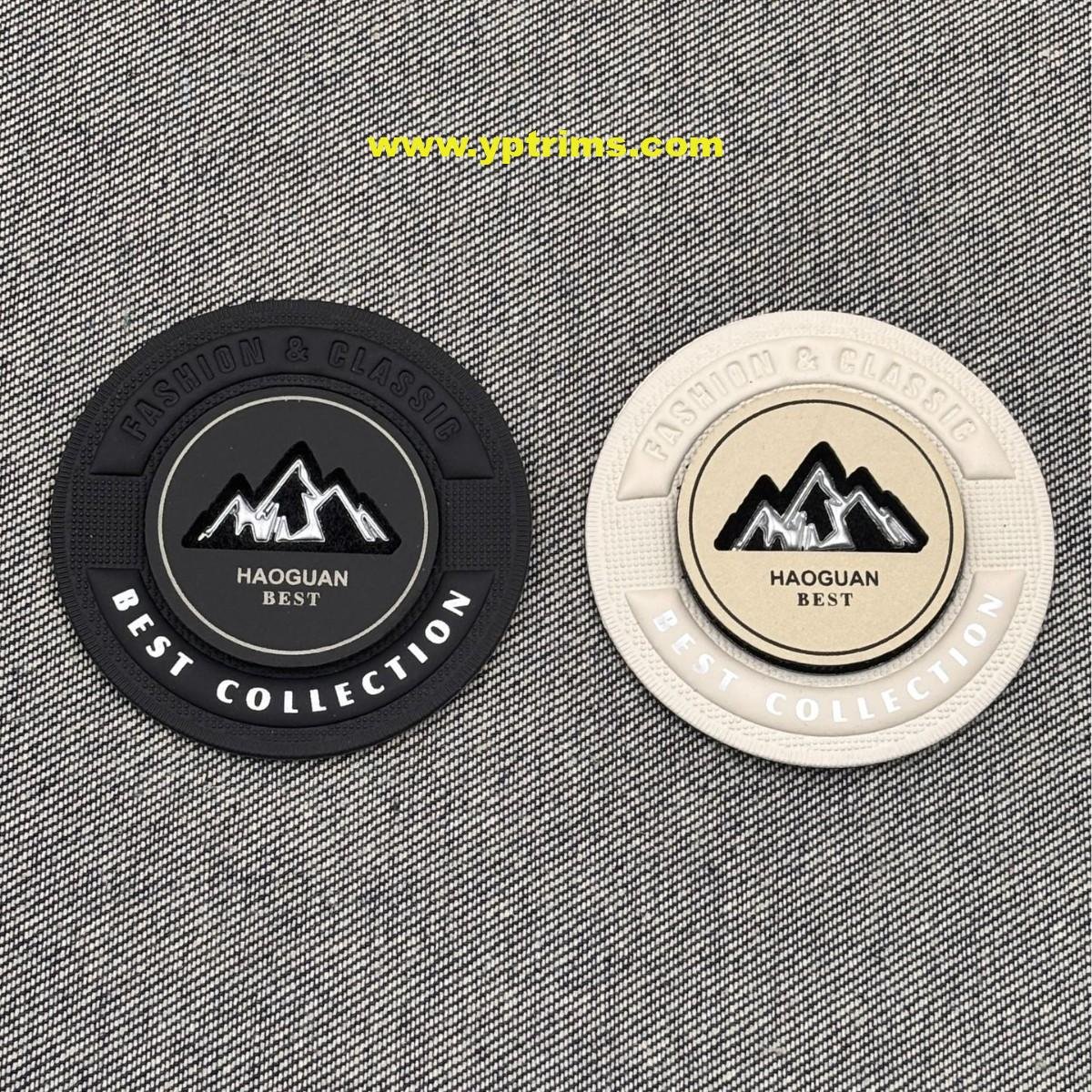 trendy circle pu leather badges with cut-out peak motif | velcro sewn decorative patches for streetwear