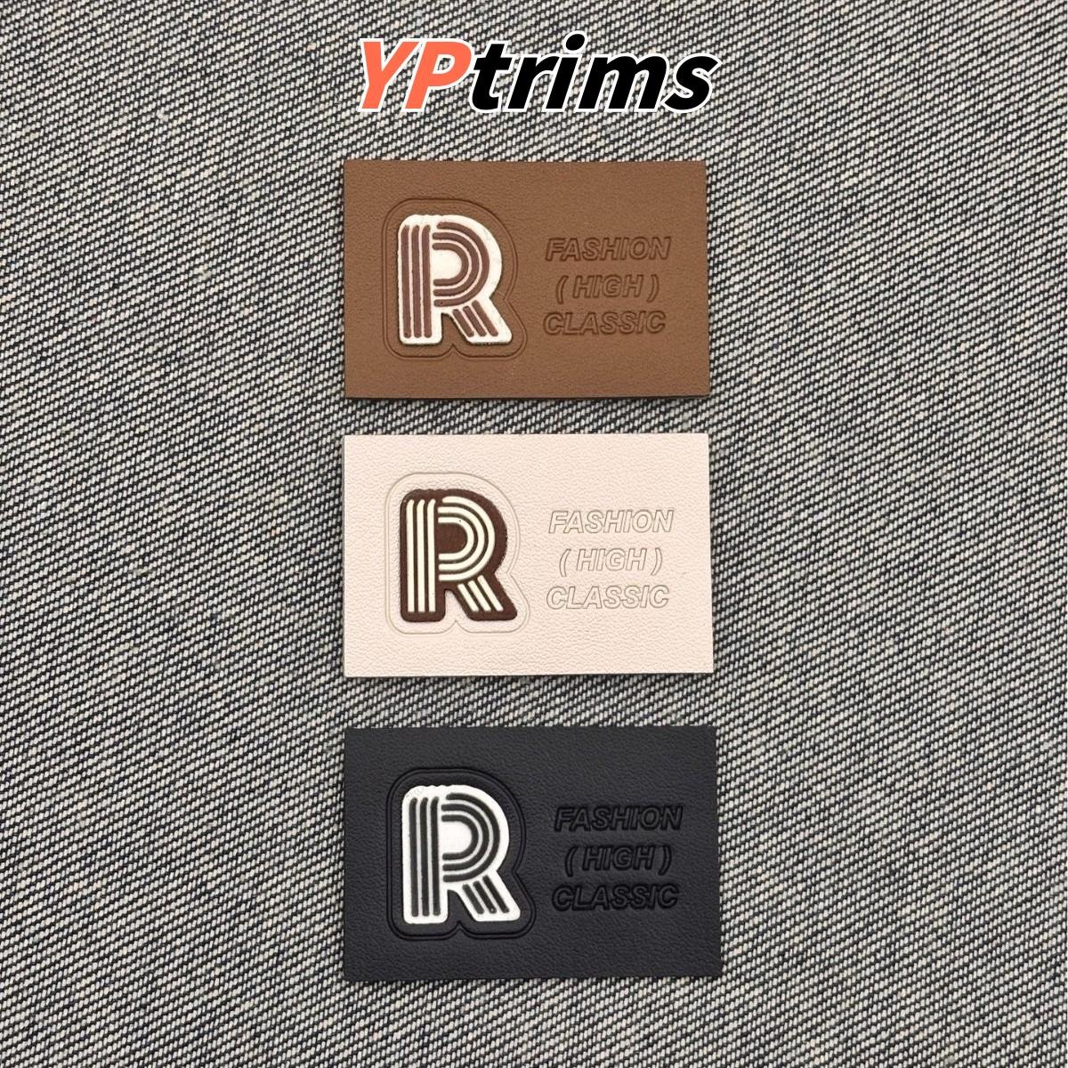 custom embossed letter r leather patch | rectangle sew-on label for hats, shoes & menswear supplier