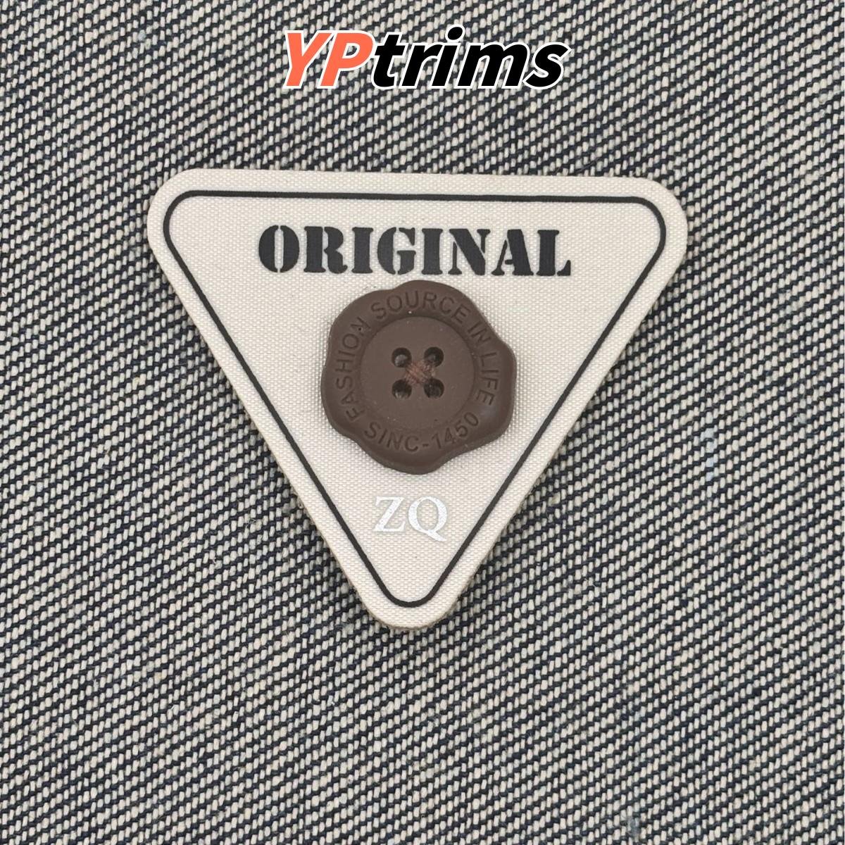 custom inverted triangle leather patch with button and zq letters – garment label factory
