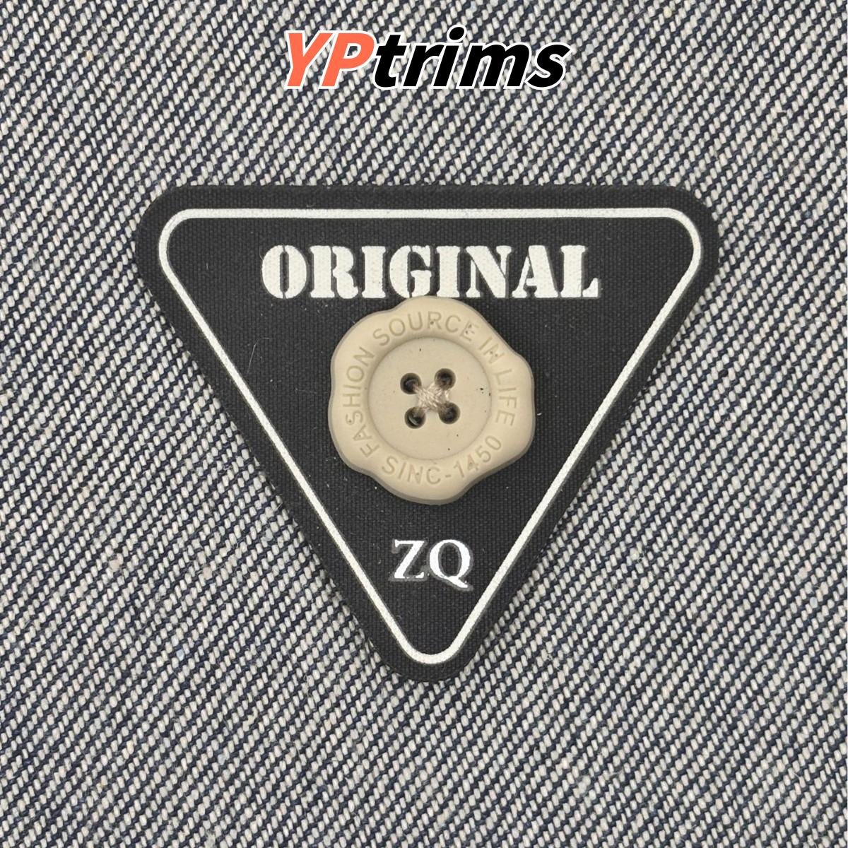 custom inverted triangle leather patch with button and zq letters – garment label factory