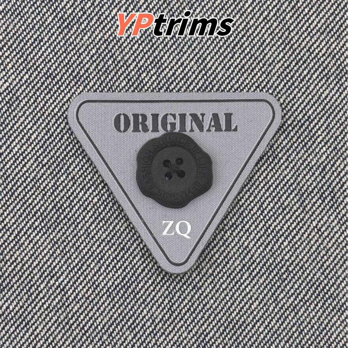 custom inverted triangle leather patch with button and zq letters – garment label factory