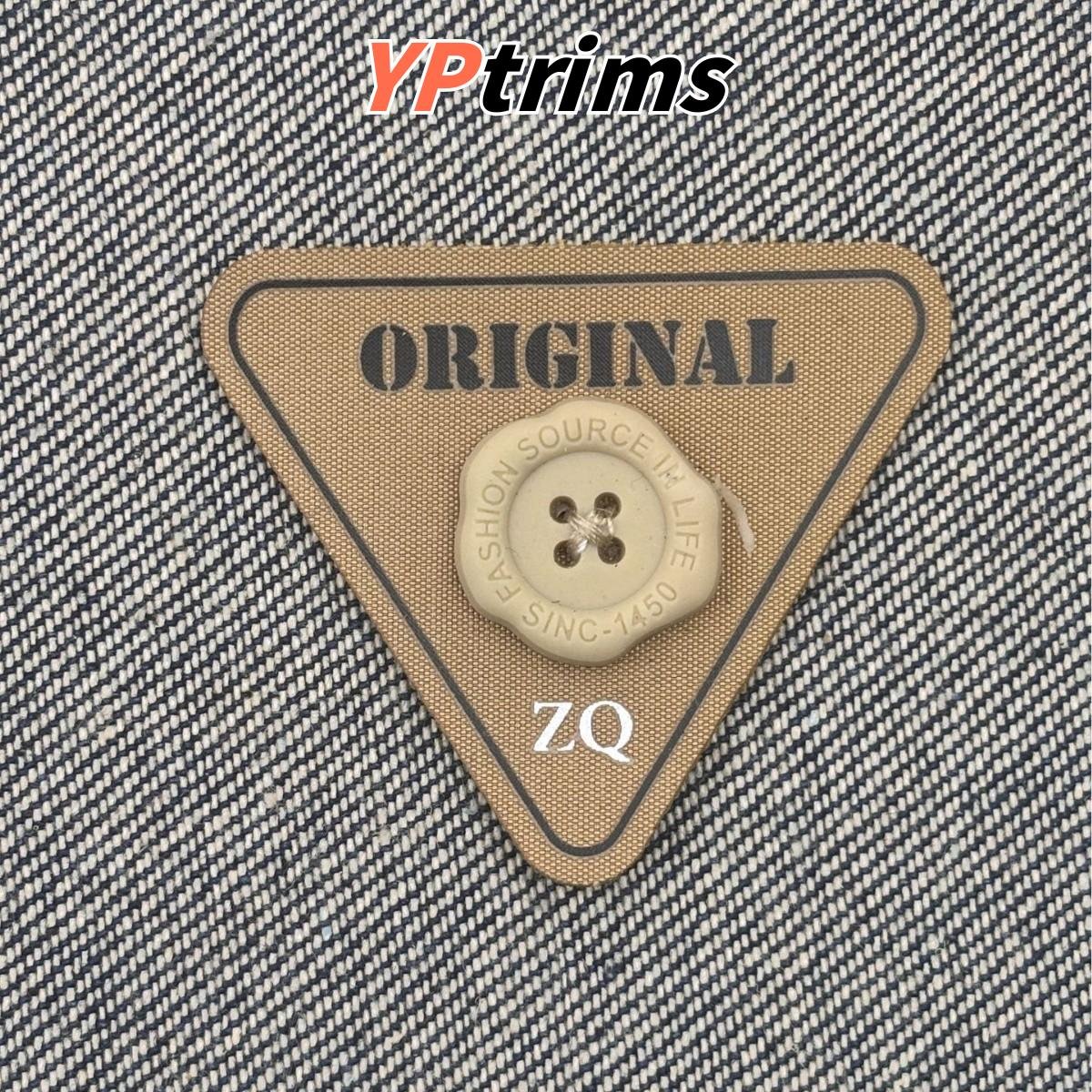 custom inverted triangle leather patch with button and zq letters – garment label factory