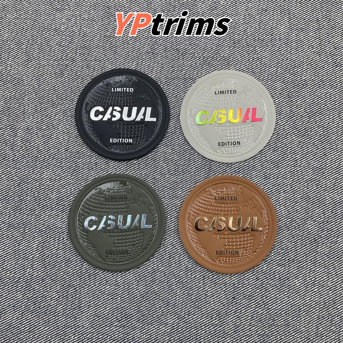 custom round holographic silver text effect leather labels for down jacket supplier