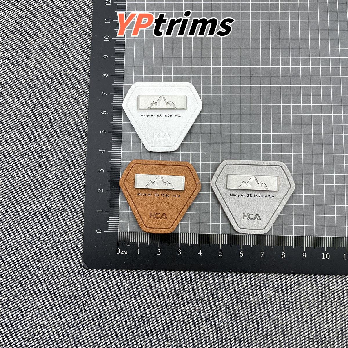 custom shield-shaped mountain pattern metal decor outdoor leather label for men's clothing accessories