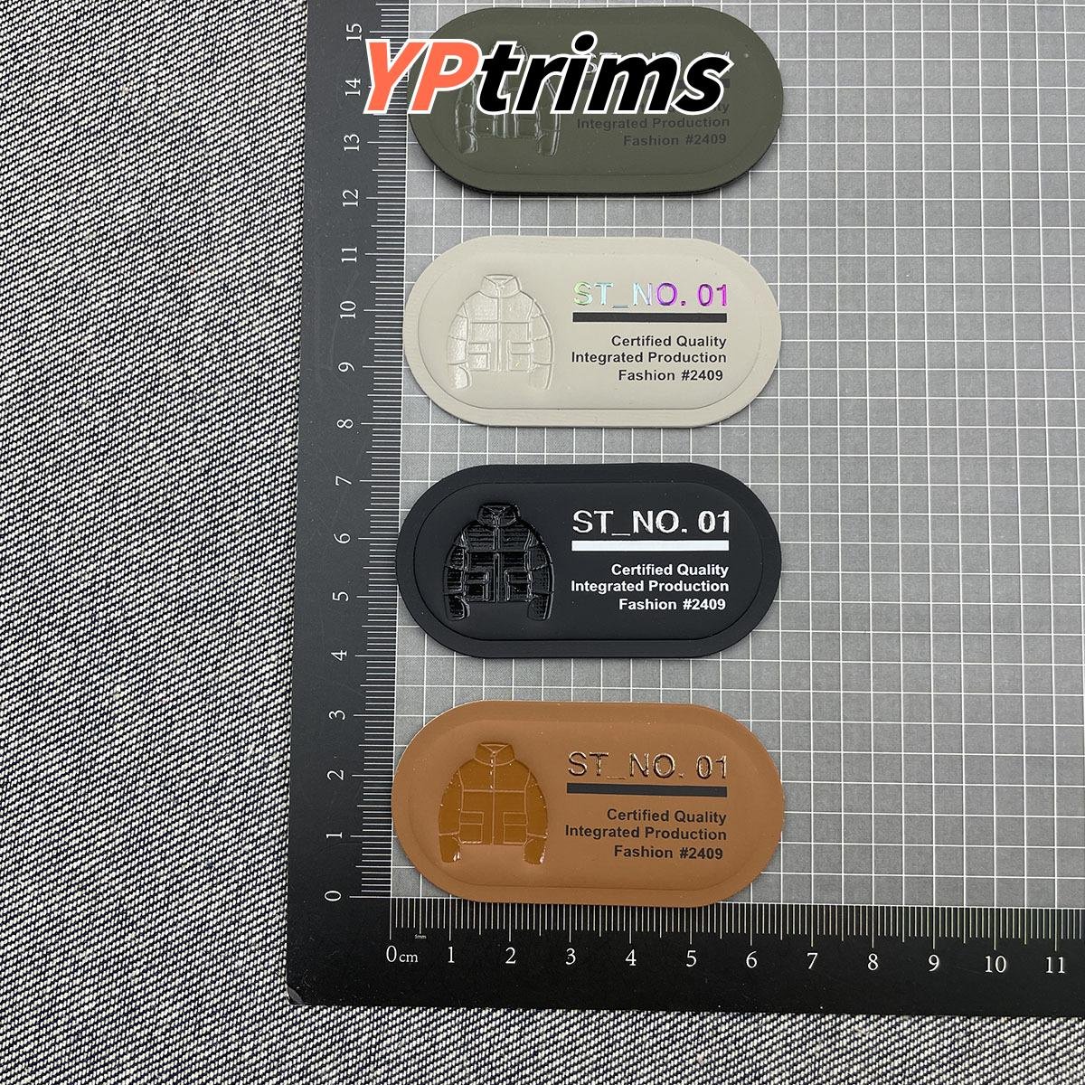 wholesale sparkling silver laser english oval faux leather badge for trendy puffer outerwear