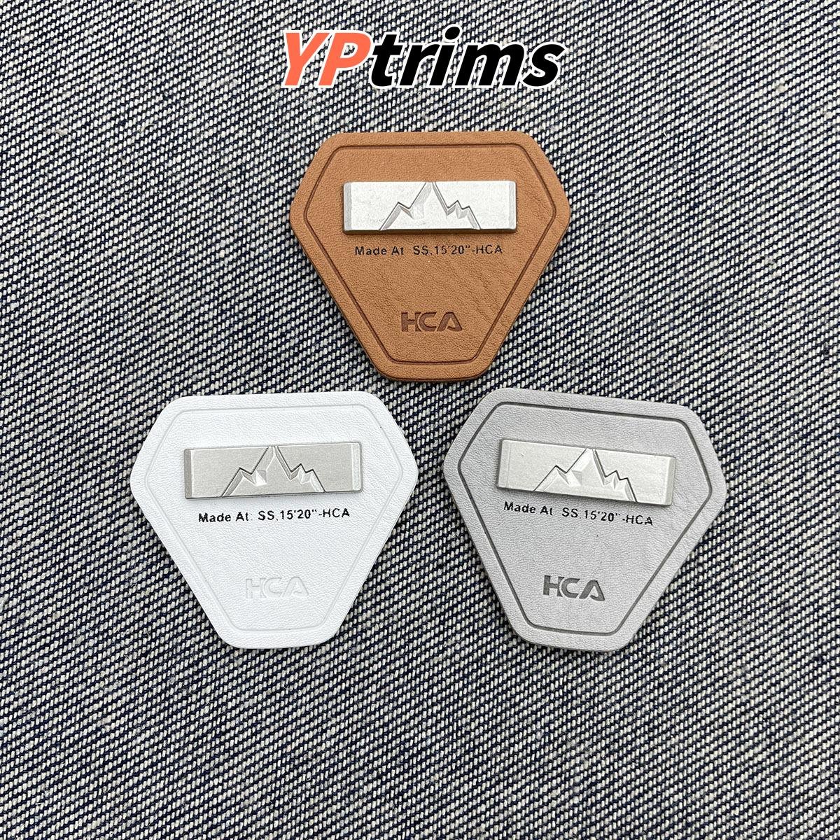 custom shield-shaped mountain pattern metal decor outdoor leather label for men's clothing accessories