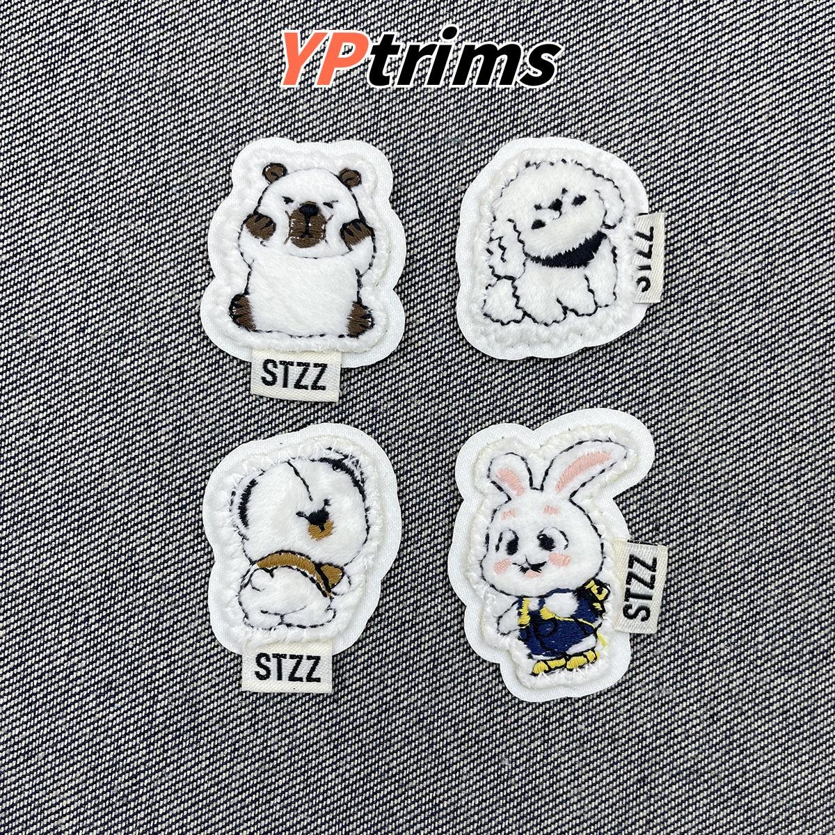 custom plush white cartoon rabbit bear dog goat series embroidered decorative badge for trendy kids' clothing and backpacks