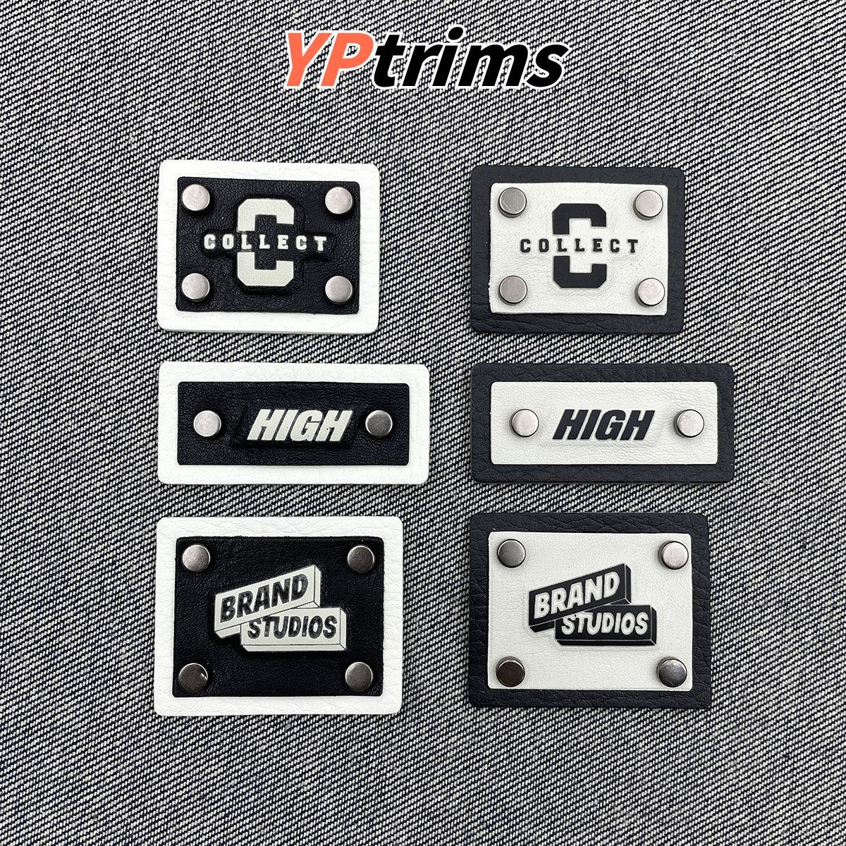 custom new style four rivet leather label black white series for men's down jackets and work pants