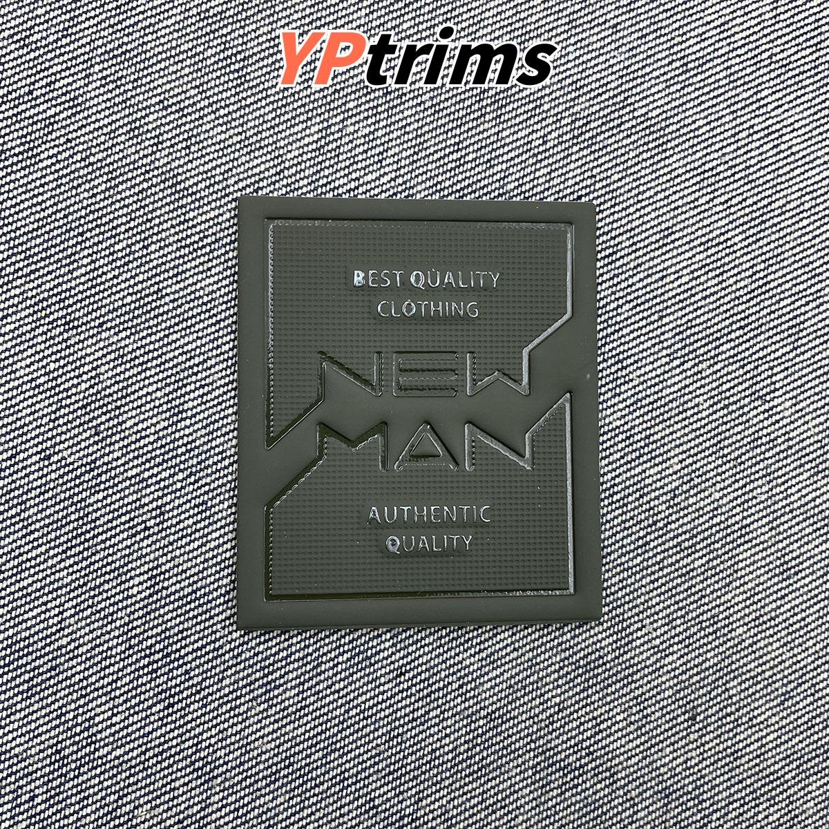 custom large square dazzling silver text effect leather label for men's down jackets