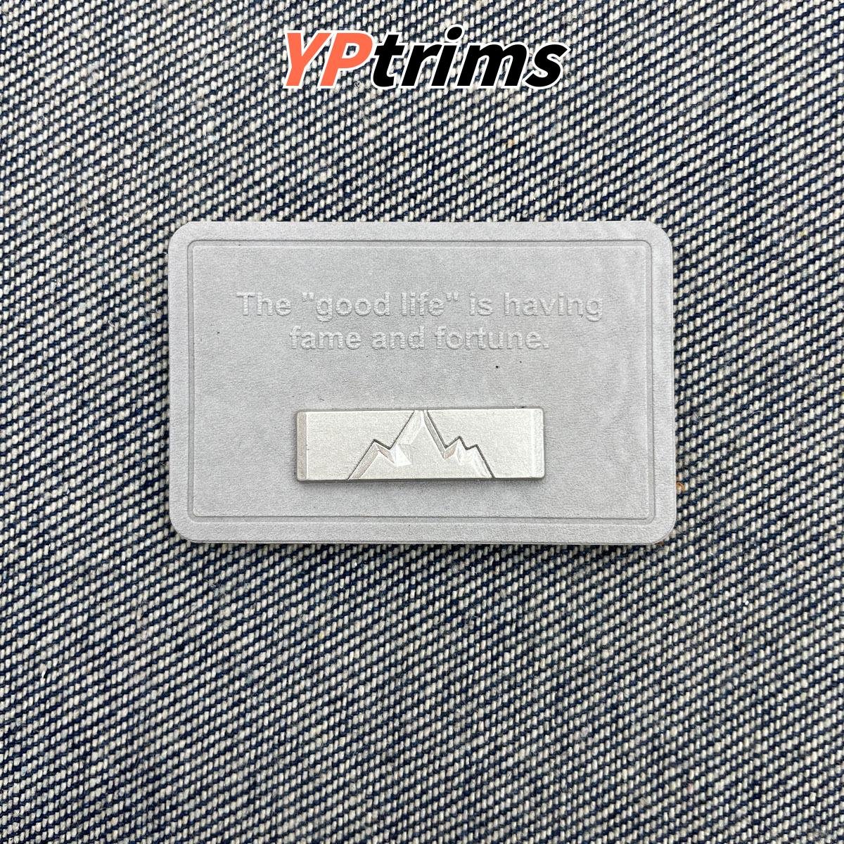 custom rectangular mountain pattern metal decorated leather label for men's outdoor clothing accessories