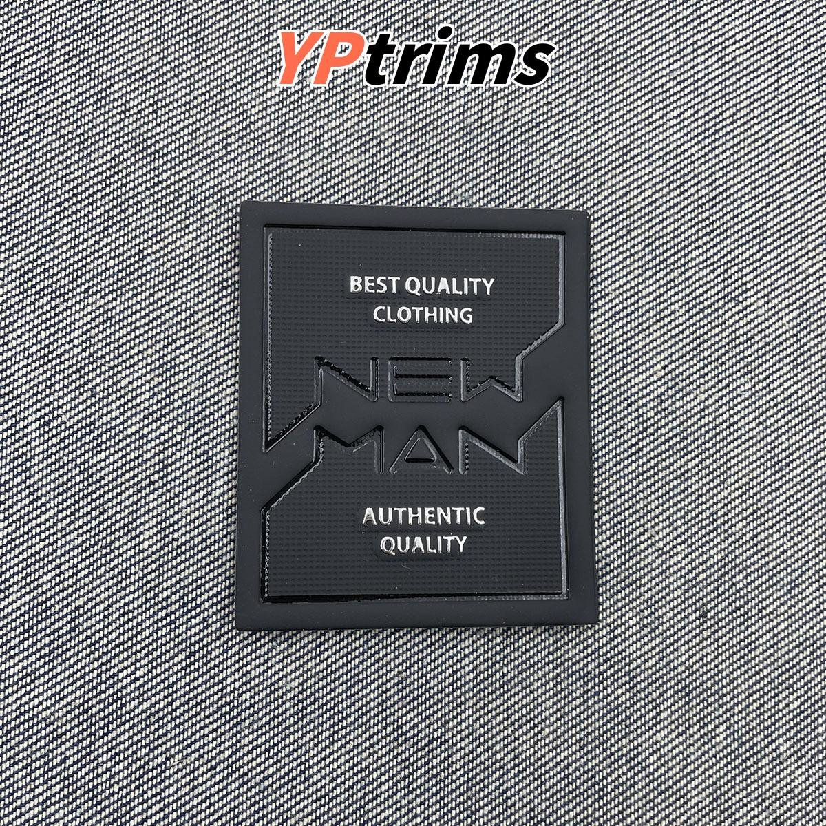 custom large square dazzling silver text effect leather label for men's down jackets