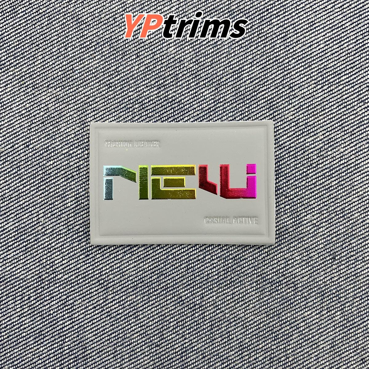 custom square dazzling laser silver text effect leather label for men's down jackets