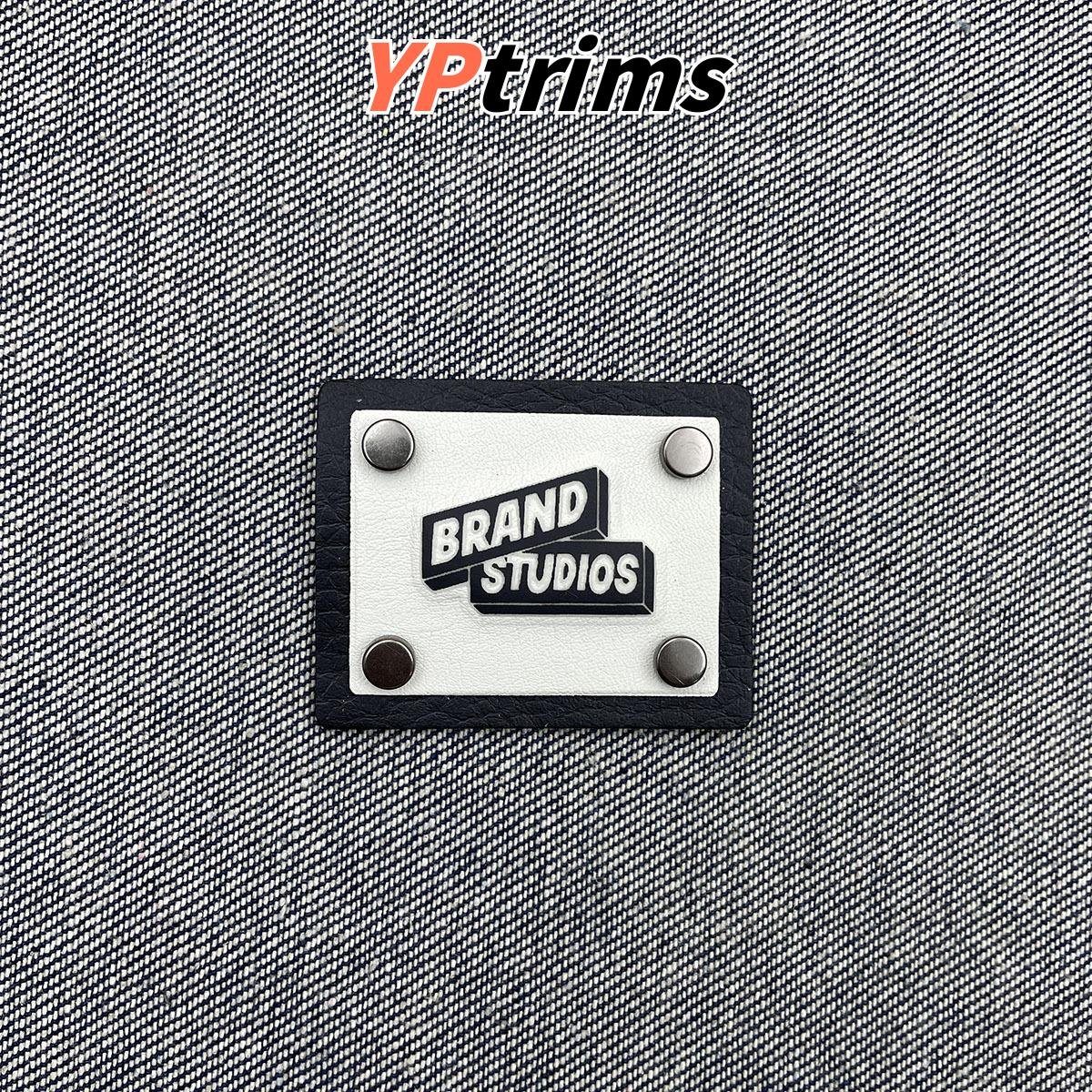 custom new style four rivet leather label black white series for men's down jackets and work pants