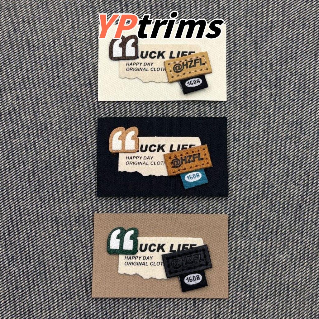 custom combination fabric label with double quote leather card for trendy men's clothing and pet accessories