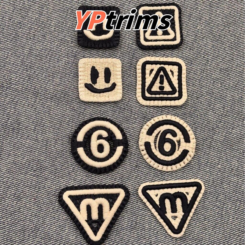 custom triangle letter m square smiley face 3d full embroidery label for trendy pet clothing accessories