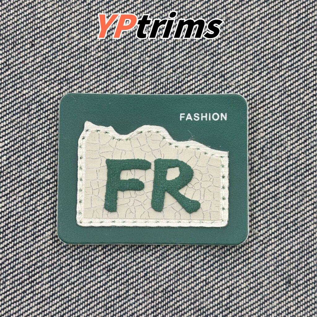 custom rectangular english letter fr cracked texture green label for trendy clothing accessories