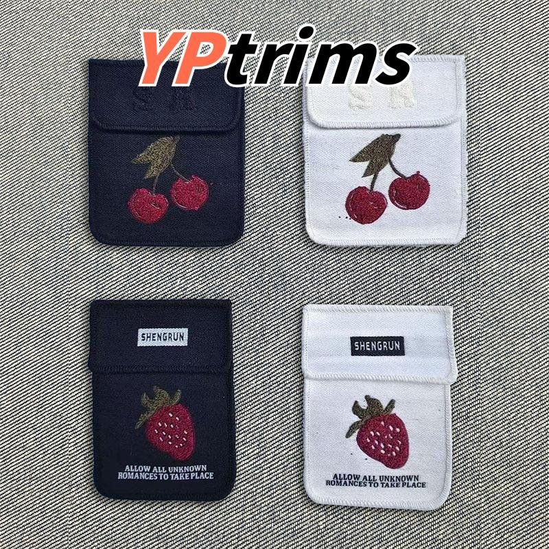 custom large fabric label with cherry strawberry pocket pattern for trendy clothing accessories