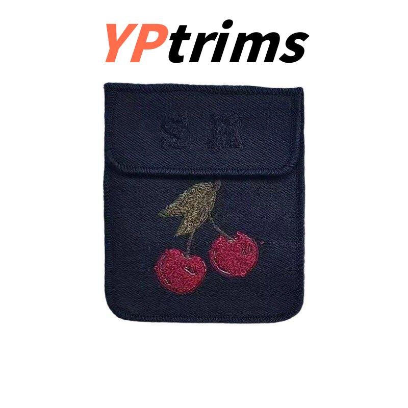 custom large fabric label with cherry strawberry pocket pattern for trendy clothing accessories