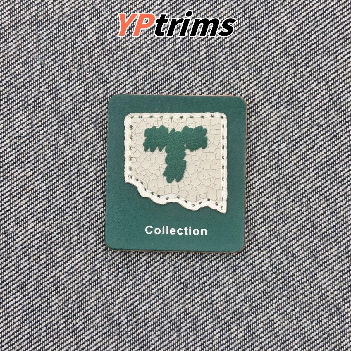 custom vertical rectangular english letter t cracked texture green label for trendy clothing accessories